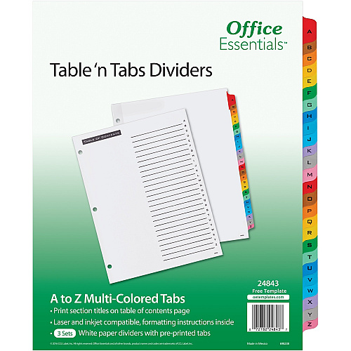Avery&reg; Table 'n Tabs Multicolored Tab A-Z Dividers 288 x Divider(s) - 288 Tab(s) - A-Z - 26 Tab(s)/Set - 8.5" Divider Width x 11" Divider Length - 3 Hole Punched - White Paper Divider - Multicolor Paper Tab(s) - 3/Pack - 1 Carton (24843)