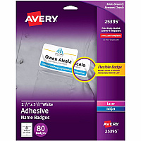 Avery&reg; Flexible Name Badges, 2-1/3" x 3-3/8" , Matte, 80ct x 2 21/64" Width x 3 3/8" Length - Removable Adhesive - Rectangle - Inkjet, Laser - Matte - White - Film - 8 / Sheet - 10 Total Sheets - 80 Total Label(s) - For Label Printer - 1 Carto (25395)