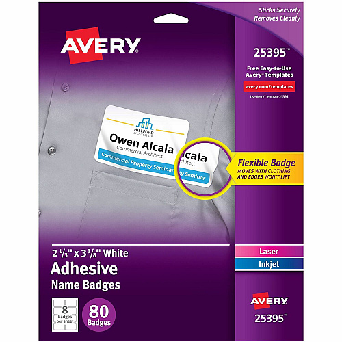 Avery&reg; Flexible Name Badges, 2-1/3" x 3-3/8" , Matte, 80ct x 2 21/64" Width x 3 3/8" Length - Removable Adhesive - Rectangle - Inkjet, Laser - Matte - White - Film - 8 / Sheet - 10 Total Sheets - 80 Total Label(s) - For Label Printer - 1 Carto (25395)