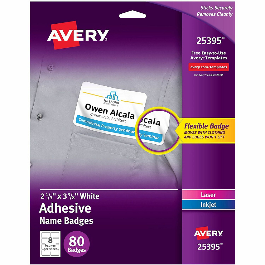 Avery&reg; Flexible Name Badges, 2-1/3" x 3-3/8" , Matte, 80ct x 2 21/64" Width x 3 3/8" Length - Removable Adhesive - Rectangle - Inkjet, Laser - Matte - White - Film - 8 / Sheet - 10 Total Sheets - 80 Total Label(s) - For Label Printer - 1 Carto (25395)