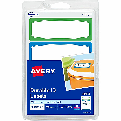 Avery&reg; Kids Gear Durable Labels 3 1/2" Height x 1 1/4" Width x 3 1/2" Length - Permanent Adhesive - Rectangle - Inkjet, Laser - Matte - Matte - Blue, Green Border - Film - Water Resistant - 4 / Sheet - 4 Total Sheets - 20 Total Label(s) - 1 Ca (41413)