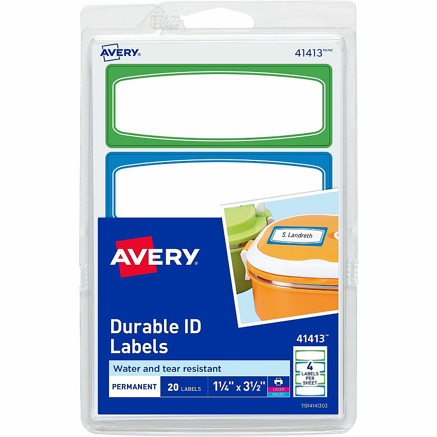 Avery&reg; Kids Gear Durable Labels 3 1/2" Height x 1 1/4" Width x 3 1/2" Length - Permanent Adhesive - Rectangle - Inkjet, Laser - Matte - Matte - Blue, Green Border - Film - Water Resistant - 4 / Sheet - 4 Total Sheets - 20 Total Label(s) - 1 Ca (41413)