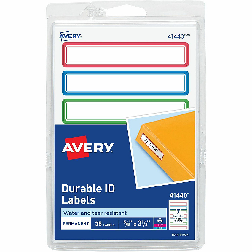 Avery&reg; Kids Gear Durable Labels 5/8" Height x 5/8" Width x 3 1/2" Length - Permanent Adhesive - Rectangle - Inkjet, Laser - Matte - Matte - Blue, Green, Red Border - Film - 7 / Sheet - 7 Total Sheets - 35 Total Label(s) - 1 Carton (41440)