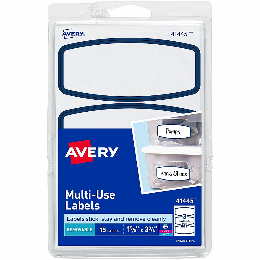 Avery&reg; Blue Border Removable Multi-Use Labels - HeightRemovable Adhesive - Arched Rectangle - Laser, Inkjet - White, Blue - Paper - 3 / Sheet - 90 Total Sheets - 270 Total Label(s) - 1 Carton (41445)