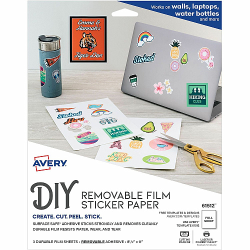 Avery&reg; Surface Safe Printable Decal Stickers x 8 1/2" Width x 11" Length - Removable Adhesive - Rectangle - Inkjet, Laser - Matte - White - Film - Water Resistant - 1 / Sheet - 3 Total Sheets - 3 Total Label(s) - For Label Printer - 1 Carton (61512)