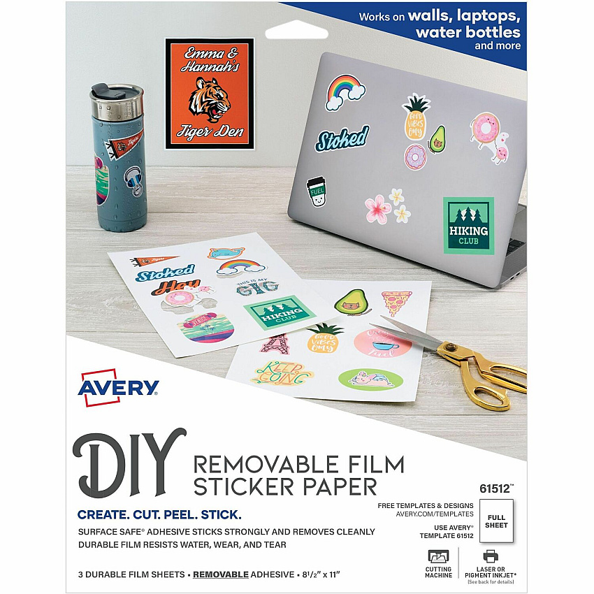 Avery&reg; Surface Safe Printable Decal Stickers x 8 1/2" Width x 11" Length - Removable Adhesive - Rectangle - Inkjet, Laser - Matte - White - Film - Water Resistant - 1 / Sheet - 3 Total Sheets - 3 Total Label(s) - For Label Printer - 1 Carton (61512)