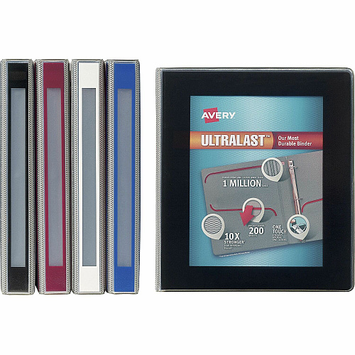Avery&reg; Ultralast Binder 1" Binder Capacity - Letter - 8 1/2" x 11" Sheet Size - 275 Sheet Capacity - Fastener: Slant Ring - Pocket: 2, Internal, Front - Vinyl - Black, Blue, Red, White - Pocket, Heavy Duty, One Touch Ring, Gap-free Ring, Non-s (79728)