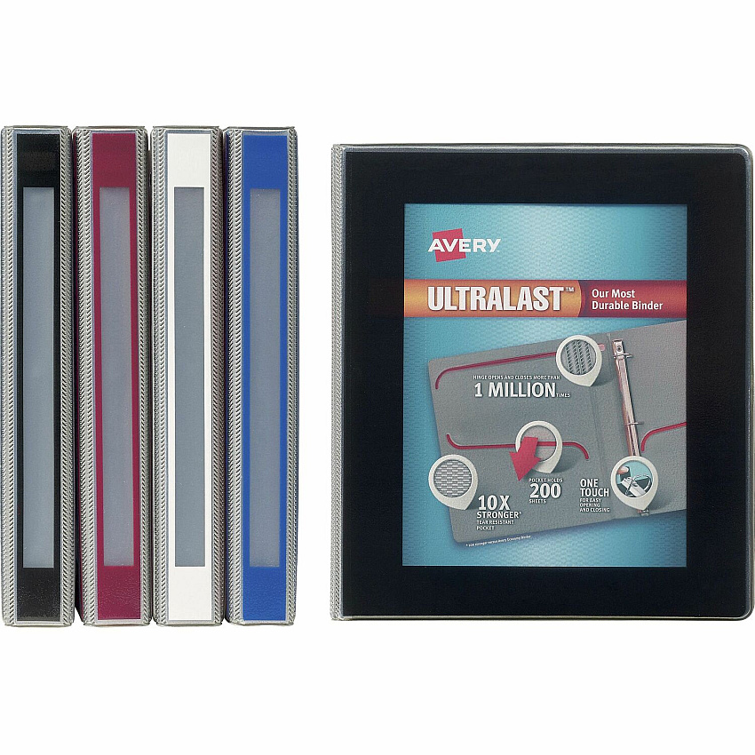 Avery&reg; Ultralast Binder 1" Binder Capacity - Letter - 8 1/2" x 11" Sheet Size - 275 Sheet Capacity - Fastener: Slant Ring - Pocket: 2, Internal, Front - Vinyl - Black, Blue, Red, White - Pocket, Heavy Duty, One Touch Ring, Gap-free Ring, Non-s (79728)