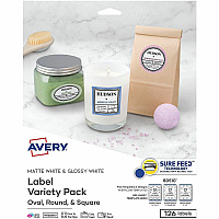 Avery&reg; Variety Pack Labels, Sure Feed, Assorted Shapes, 126 Labels Permanent Adhesive - Round, Oval, Square - Laser, Inkjet - Matte - White - Paper - 14 / Sheet - 9 Total Sheets - 126 Total Label(s) - For Label Printer - 1 Carton (80510)