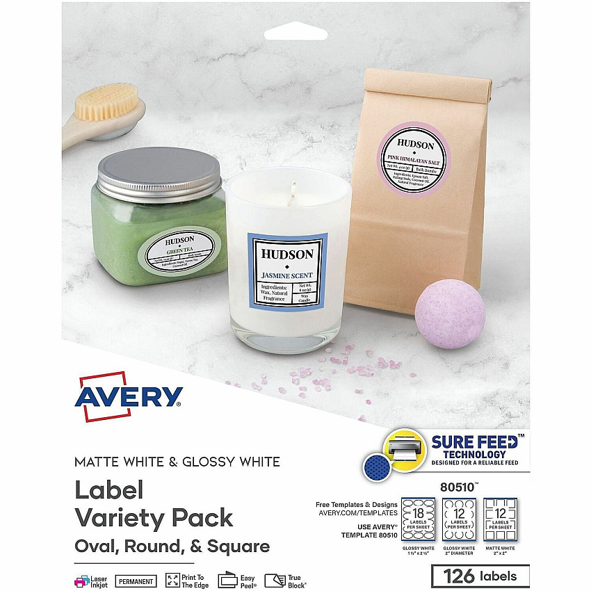 Avery&reg; Variety Pack Labels, Sure Feed, Assorted Shapes, 126 Labels Permanent Adhesive - Round, Oval, Square - Laser, Inkjet - Matte - White - Paper - 14 / Sheet - 9 Total Sheets - 126 Total Label(s) - For Label Printer - 1 Carton (80510)