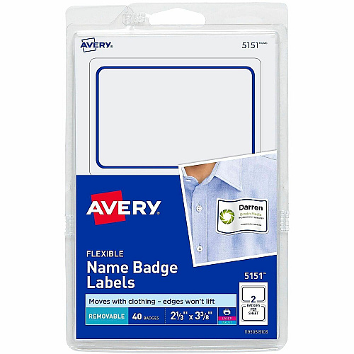 Avery&reg; Flexible Name Badge Labels 2 1/3" Height x 3 3/8" Width - Removable Adhesive - Rectangle - Laser, Inkjet - Matte - White - Blue Border - Film - 2 / Sheet - 20 Total Sheets - 720 Total Label(s) - 40/Pack - 18 / Carton (05151)