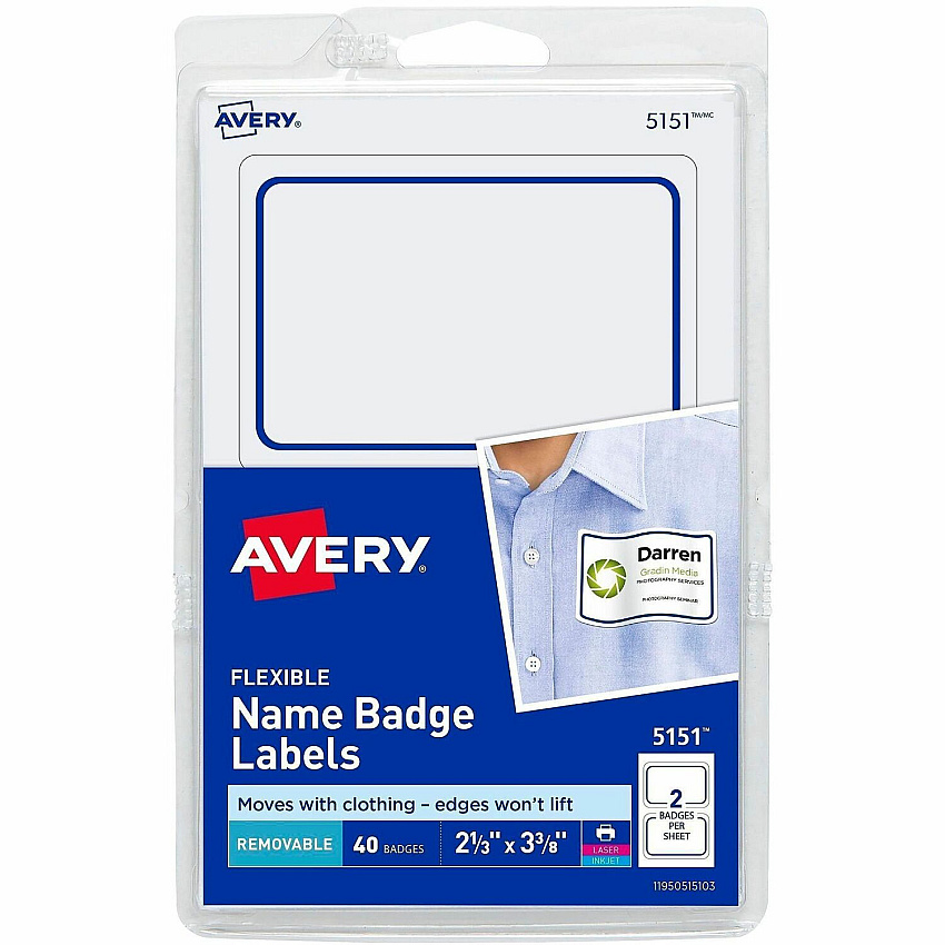 Avery&reg; Flexible Name Badge Labels 2 1/3" Height x 3 3/8" Width - Removable Adhesive - Rectangle - Laser, Inkjet - Matte - White - Blue Border - Film - 2 / Sheet - 20 Total Sheets - 720 Total Label(s) - 40/Pack - 18 / Carton (05151)