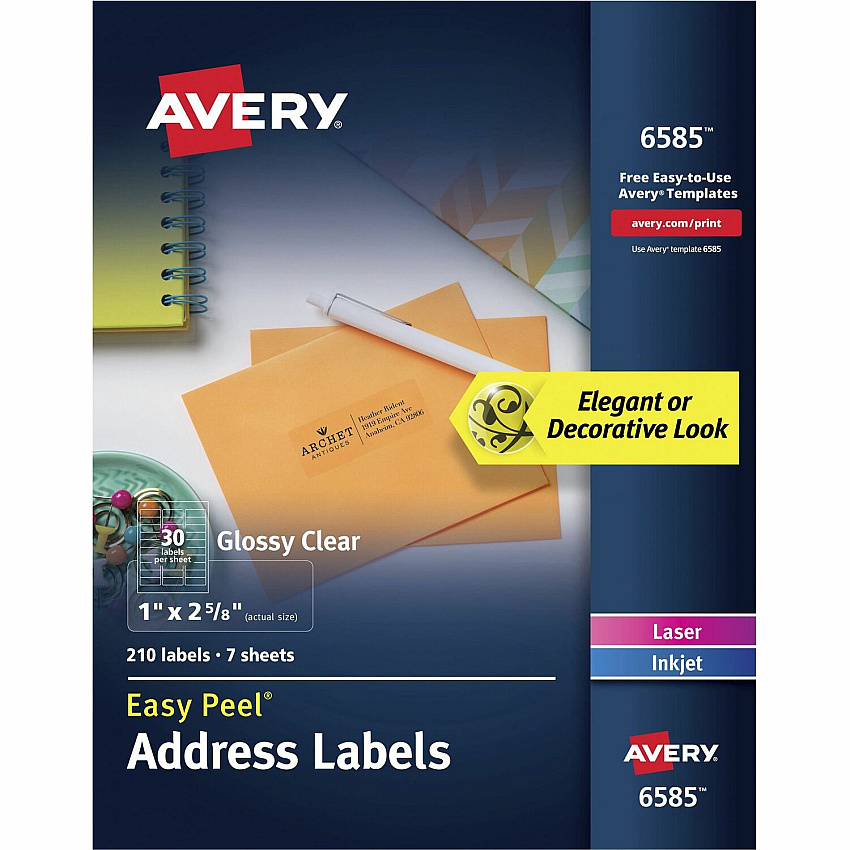 Avery&reg; Easy Peel Address Label 2 5/8" Height x 1" Width - Permanent Adhesive - Rectangle - Laser, Inkjet - Clear - Film - 30 / Sheet - 35 Total Sheets - 1050 Total Label(s) - 5 / Carton (06585)