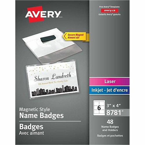 Avery&reg; Name Badges 4" Width x 3" Height - Rectangular Shape - Magnetic, Printable, Top Loading, Built-in Magnet, Reusable, Durable - Event, Seminar - Plastic - Clear, White - 1 Carton (08781)