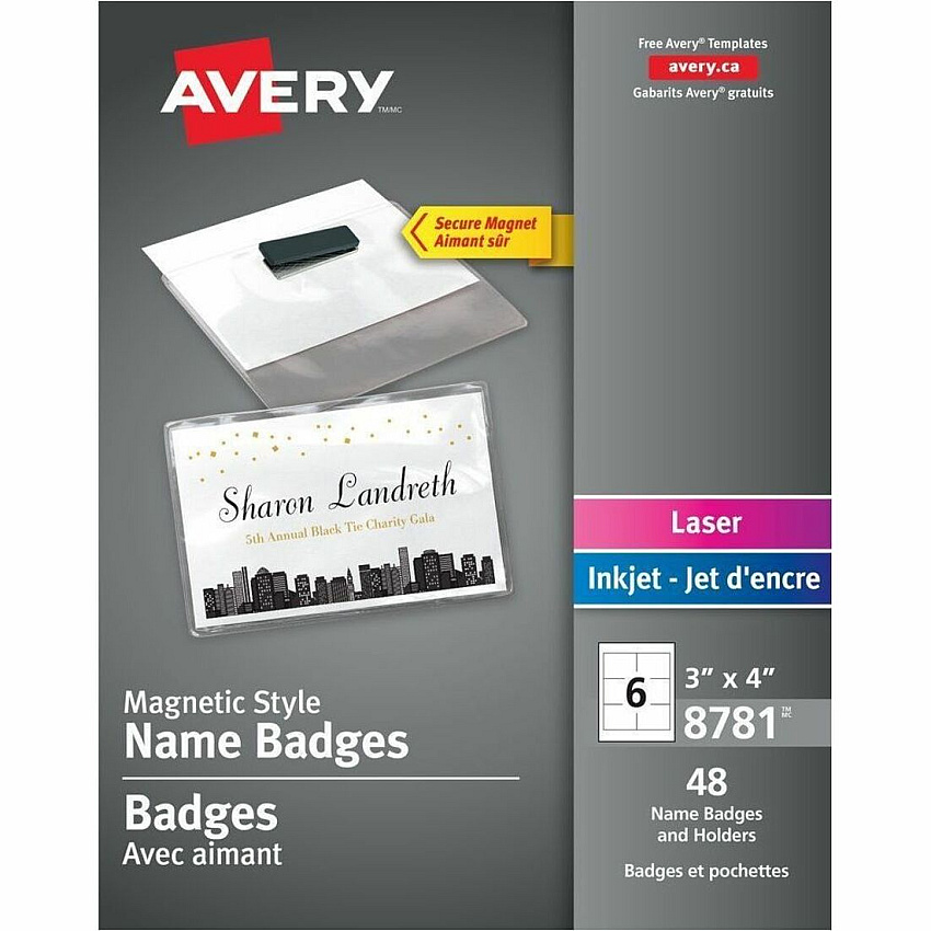 Avery&reg; Name Badges 4" Width x 3" Height - Rectangular Shape - Magnetic, Printable, Top Loading, Built-in Magnet, Reusable, Durable - Event, Seminar - Plastic - Clear, White - 1 Carton (08781)