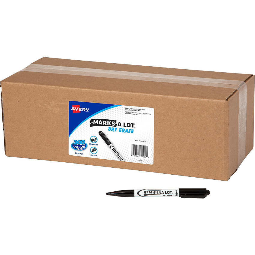 Avery&reg; Marks-A-Lot Value Pack Dry Erase Markers Bullet Marker Point - Erasable - Black Ink - 200 / Carton (24595)