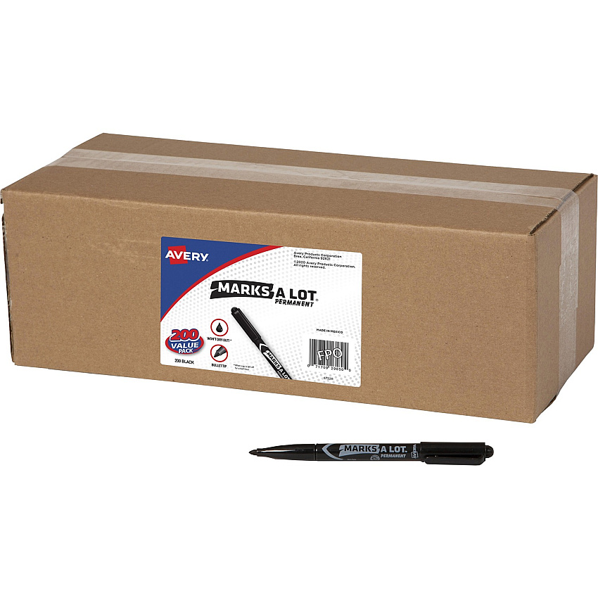 Avery&reg; Marks-A-Lot Value Pack Pen-Style Permanent Markers Bullet Marker Point - Black Ink - 200 / Carton (29850)
