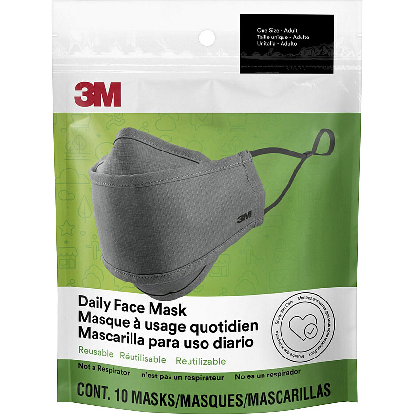 3M Daily Face Masks Recommended for: Face, Indoor, Outdoor, Office, Transportation - Cotton, Fabric - Gray - Lightweight, Breathable, Adjustable, Elastic Loop, Nose Clip, Comfortable, Washable - 10 / Pack (RFM10010)