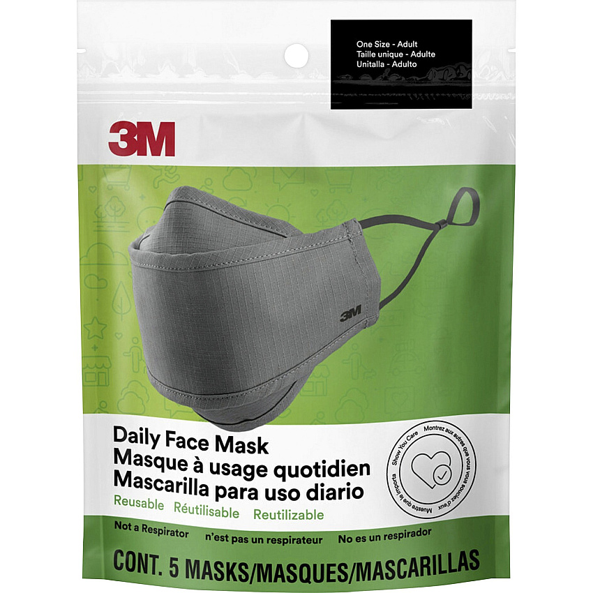 3M Daily Face Masks Recommended for: Face, Indoor, Outdoor, Office, Transportation - Cotton, Fabric - Gray - Lightweight, Breathable, Adjustable, Elastic Loop, Nose Clip, Comfortable, Washable - 5 / Pack (RFM1005)