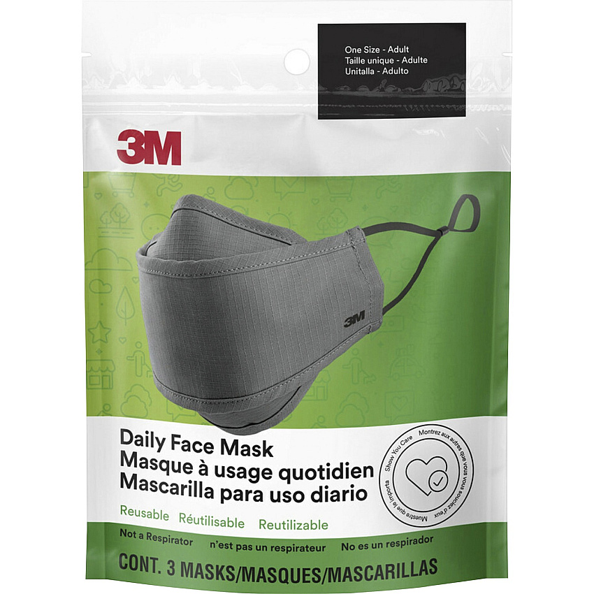 3M Daily Face Masks Recommended for: Face, Indoor, Outdoor, Office, Transportation - Cotton, Fabric - Gray - Lightweight, Breathable, Adjustable, Elastic Loop, Nose Clip, Comfortable, Washable - 3 / Pack (RFM1003)