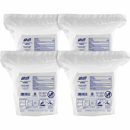 PURELL&reg; Refill Pouch Hand Sanitizing Wipes 5" Width x 6" Length - 1700 Sheets - White Per Pouch - 4 / Carton (951704)