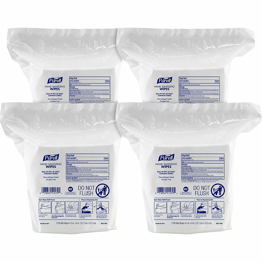 PURELL&reg; Refill Pouch Hand Sanitizing Wipes 5" Width x 6" Length - 1700 Sheets - White Per Pouch - 4 / Carton (951704)