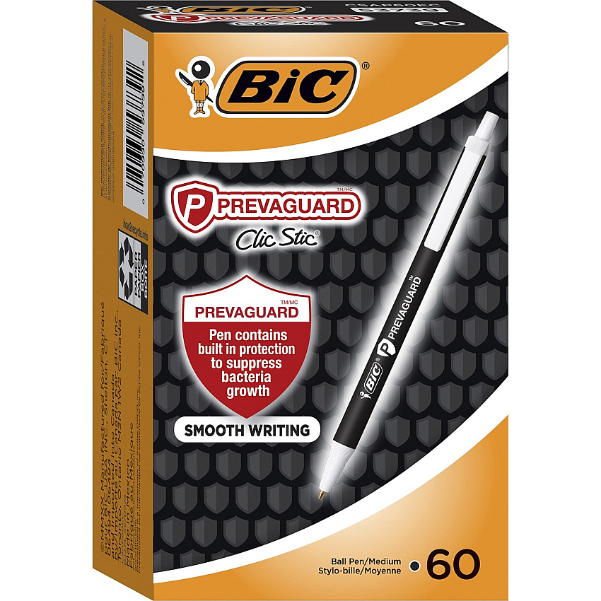 BIC PrevaGuard Clic Stic Antimicrobial Pens 1 mm Medium Pen Point - Retractable - Black Ink - 60 / Box (CSAP60ECBK)