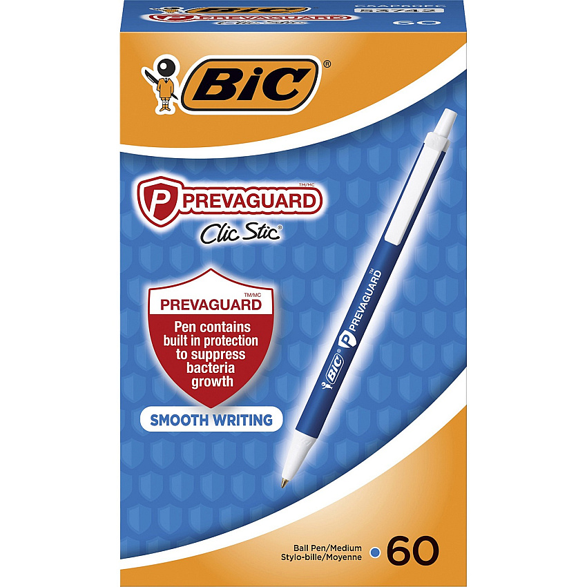 BIC PrevaGuard Clic Stic Antimicrobial Pens 1 mm Medium Pen Point - Retractable - Blue Ink - 60 / Box (CSAP60ECBE)