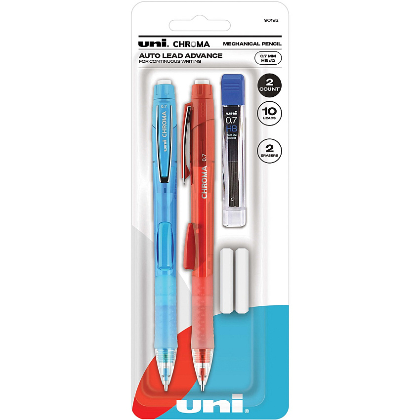 uni-ball uni&reg; CHROMA Mechanical Pencils 0.7 mm Black Lead - HB, #2 - Light Blue, Red Barrel - 2 / Pack (90192)