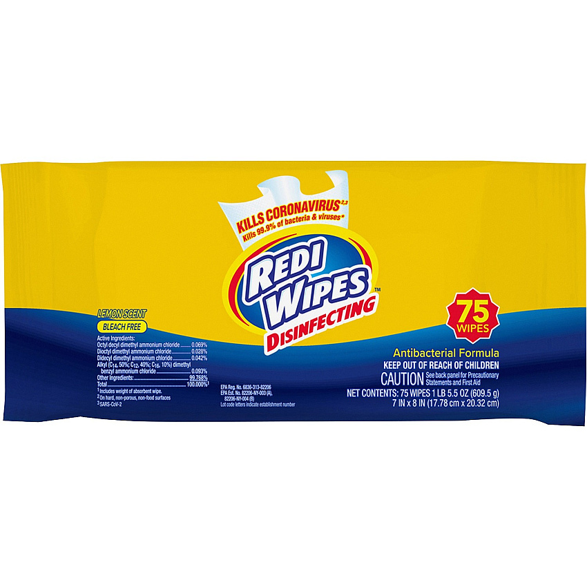 US Nonwovens U.S. Nonwovens Disinfecting Redi Wipes Wipe - Lemon Scent - 7" Width x 8" Length - 75 / Pack - 12 / Carton - Yellow (REDIW135)