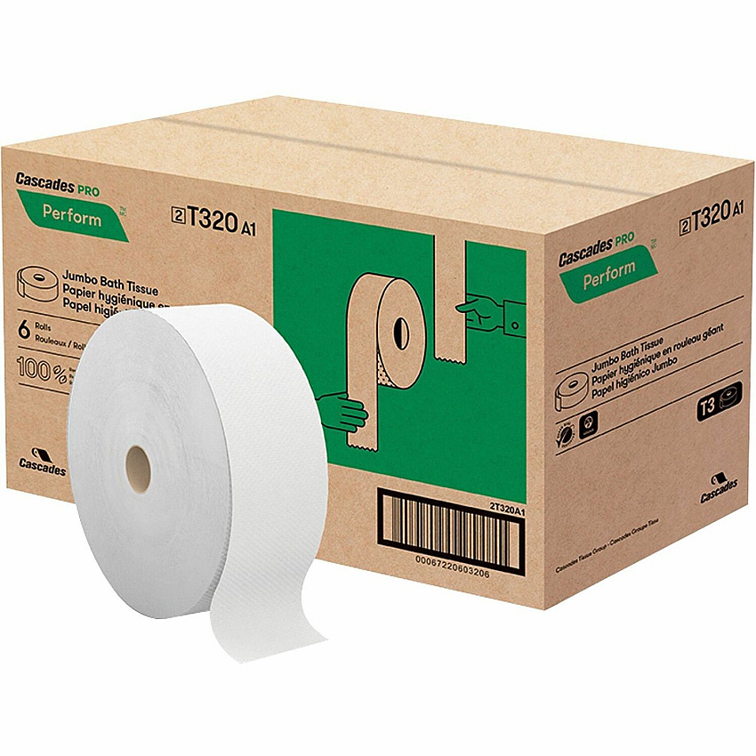 Cascades&reg; Perform Jumbo Toilet Paper, 2 Ply, 1250-ft Roll, 6 Rolls 2 Ply - 3.40" Width x 1250 ft Length - 9" Roll Diameter - White - Paper - 6 / Carton (T320)