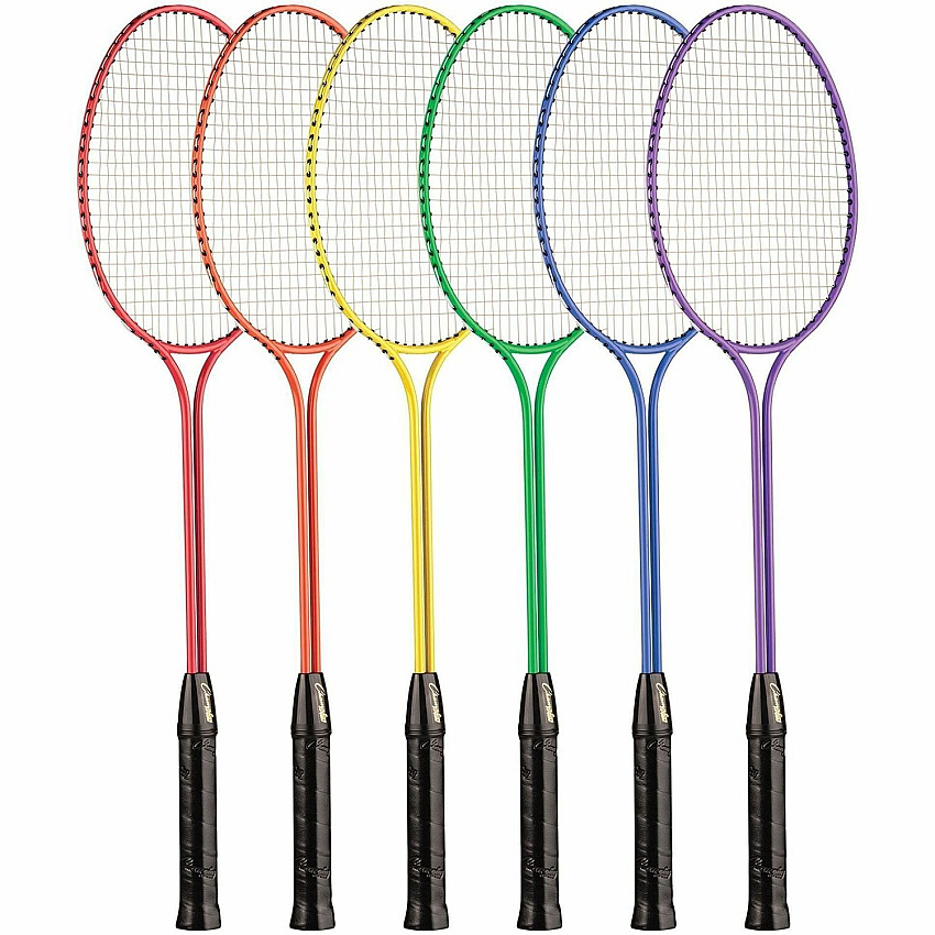 Champion Sports Tempered Steel Twin Shaft Badminton Racket Set Red, Orange, Yellow, Green, Blue, Purple - Nylon, Leather, Tempered Steel - 6 / Set (BR30SET)
