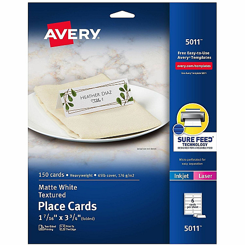 Avery&reg; Place Cards with Sure Feed 1 7/16" x 3 3/4" - Matte - Double-sided, Foldable, Heavyweight, Textured, Perforated, Print-to-the-edge, Printable - White - 6 Sheets - 1 Carton (05011)
