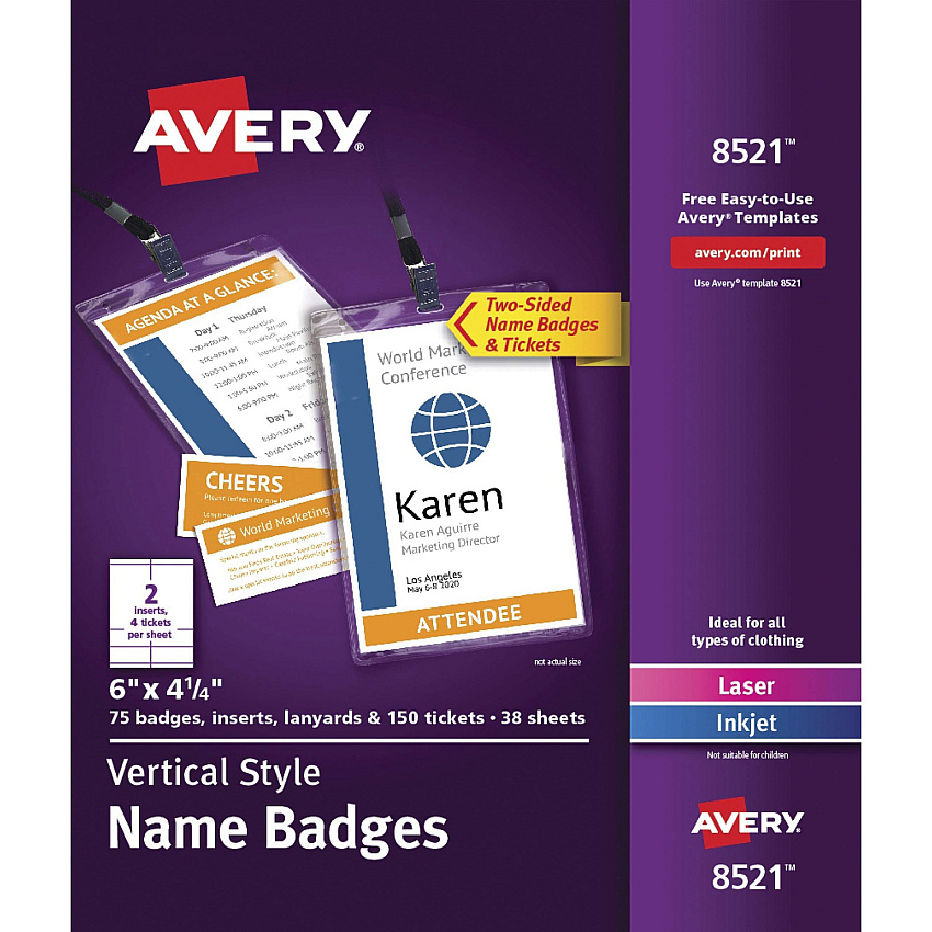 Avery&reg; Vertical Name Badges 4 1/4" x 6" - Printable, Durable, Reusable - White - 1 Carton (08521)