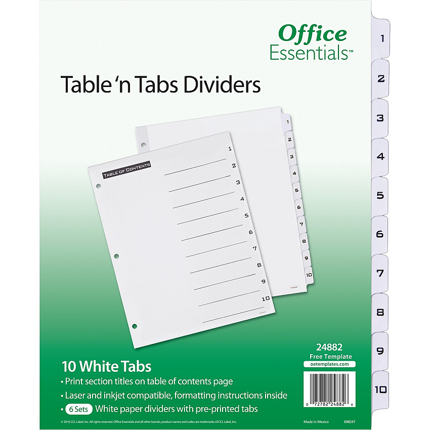 Avery&reg; Table 'n Tabs White Tab Numbered Dividers 360 x Divider(s) - 360 Tab(s) - 1-10 - 10 Tab(s)/Set - 8.5" Divider Width x 11" Divider Length - 3 Hole Punched - White Paper Divider - Black Paper, White Tab(s) - 10/Pack - 1 Carton (24882)