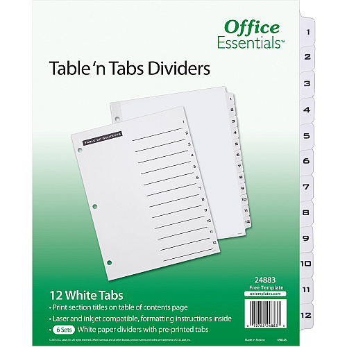 Avery&reg; Table 'n Tabs White Tab Numbered Dividers 288 x Divider(s) - 288 Tab(s) - 1-12 - 12 Tab(s)/Set - 8.5" Divider Width x 11" Divider Length - 3 Hole Punched - White Paper Divider - Black Paper, White Tab(s) - 12/Pack - 1 Carton (24883)