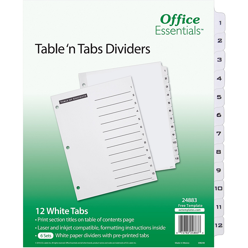 Avery&reg; Table 'n Tabs White Tab Numbered Dividers 288 x Divider(s) - 288 Tab(s) - 1-12 - 12 Tab(s)/Set - 8.5" Divider Width x 11" Divider Length - 3 Hole Punched - White Paper Divider - Black Paper, White Tab(s) - 12/Pack - 1 Carton (24883)