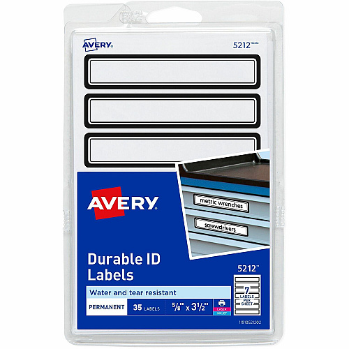 Avery&reg; Durable ID Labels 5/8" Widthss x 3 1/2" Length - Permanent Adhesive - Rectangle - Matte - White - Blue Border - Film - Water Resistant - 7 / Sheet - 5 Total Sheets - 630 Total Label(s) - 35/Pack - 18 / Carton (05212)