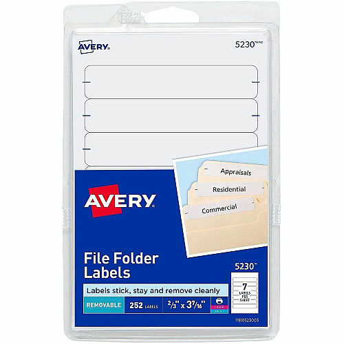 Avery&reg; Removable File Folder Labels 21/32" Widthss x 3 7/16" Length - Removable Adhesive - Rectangle - Laser, Inkjet - White - Paper - 7 / Sheet - 648 Total Sheets - 4536 Total Label(s) - 252/Pack - 1 Carton (05230)
