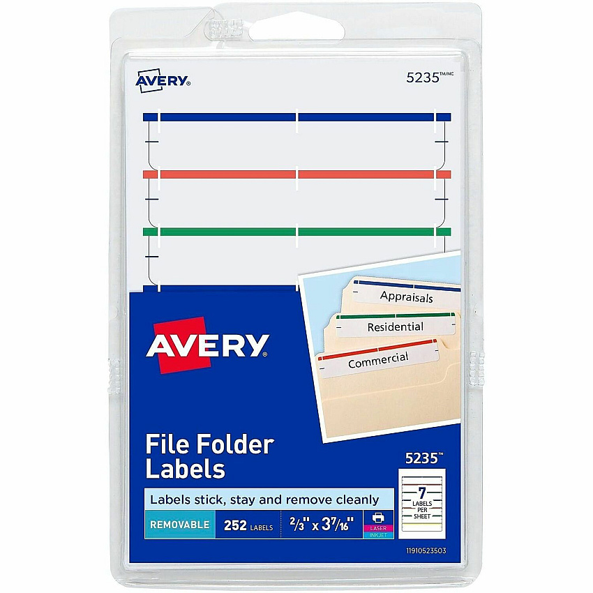 Avery&reg; Removable File Folder Labels 2/3" Widthss x 3 7/16" Length - Removable Adhesive - Rectangle - Laser, Inkjet - Assorted, Dark Blue, Dark Red, Green, Yellow - Paper - 7 / Sheet - 648 Total Sheets - 4536 Total Label(s) - 252/Pack - 1 Carto (05235)
