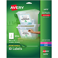 Avery&reg; Removable I.D. Laser/Inkjet Labels 8 1/2" Widthss x 11" Length - Removable Adhesive - Rectangle - Laser, Inkjet - Matte - White - Paper - 1 / Sheet - 50 Total Sheets - 50 Total Label(s) - 150/Pack - 1 Carton (06470)