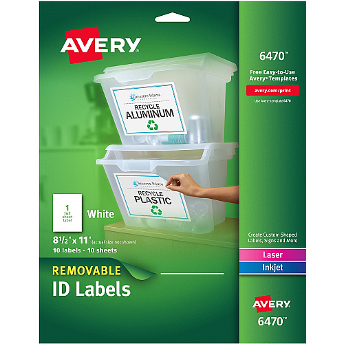 Avery&reg; Removable I.D. Laser/Inkjet Labels 8 1/2" Widthss x 11" Length - Removable Adhesive - Rectangle - Laser, Inkjet - Matte - White - Paper - 1 / Sheet - 50 Total Sheets - 50 Total Label(s) - 150/Pack - 1 Carton (06470)