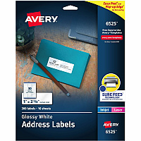 Avery&reg; Easy Peel Glossy Address Labels 1" Width x 2 5/8" Length - Permanent Adhesive - Rectangle - Laser, Inkjet - Glossy - White - Paper - 30 / Sheet - 10 Total Sheets - 300 Total Label(s) - 1 Carton (06525)