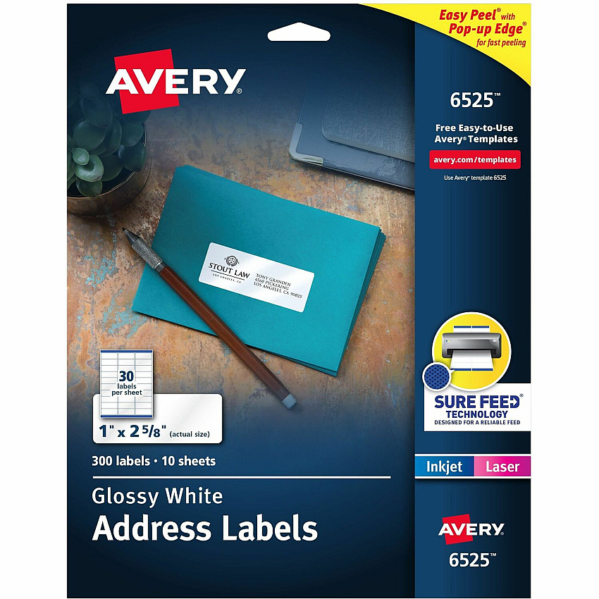 Avery&reg; Easy Peel Glossy Address Labels 1" Width x 2 5/8" Length - Permanent Adhesive - Rectangle - Laser, Inkjet - Glossy - White - Paper - 30 / Sheet - 10 Total Sheets - 300 Total Label(s) - 1 Carton (06525)