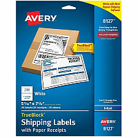 Avery&reg; TrueBlock Paper Receipt Shipping Labels 5 1/16" Width x 7 5/8" Length - Permanent Adhesive - Rectangle - Inkjet - Matte - White - Paper - 1 / Sheet - 125 Total Sheets - 125 Total Label(s) - 1 Carton (08127)