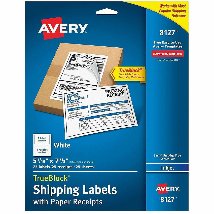 Avery&reg; TrueBlock Paper Receipt Shipping Labels 5 1/16" Width x 7 5/8" Length - Permanent Adhesive - Rectangle - Inkjet - Matte - White - Paper - 1 / Sheet - 125 Total Sheets - 125 Total Label(s) - 1 Carton (08127)