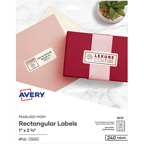 Avery&reg; Pearlized Address Labels 1" Widthss x 2 5/8" Length - Permanent Adhesive - Rectangle - Laser, Inkjet - Pearlized - Ivory - Paper - 30 / Sheet - 150 Total Sheets - 1200 Total Label(s) - 240/Pack - 5 / Carton (08215)
