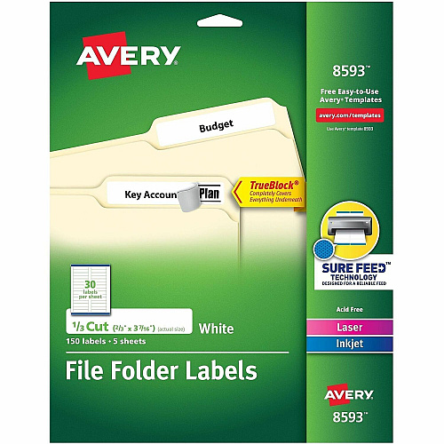 Avery&reg; TrueBlock File Folder Labels 2/3" Widthss x 3 7/16" Length - Permanent Adhesive - Rectangle - Laser, Inkjet - White - Paper - 30 / Sheet - 20 Total Sheets - 600 Total Label(s) - 150/Pack - 4 / Carton (08593)