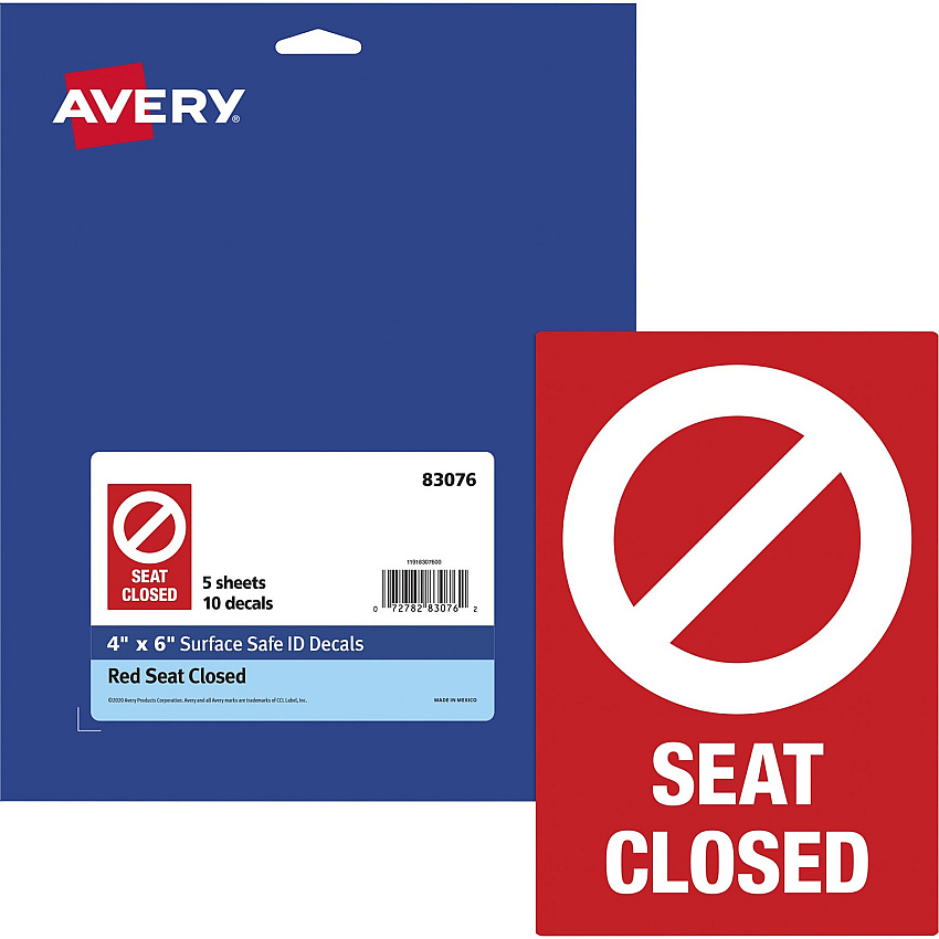 Avery&reg; Surface Safe SEAT CLOSED Chair Decals Print/Message "Seat Closed" - 4" Width x 6" Height - Rectangular Shape - Water Resistant, Pre-printed, Chemical Resistant, Abrasion Resistant, Tear Resistant, Durable, UV Resistant, Residue-free, Ea (83076)