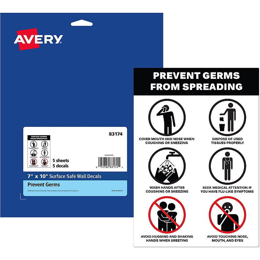 Avery&reg; Surface Safe PREVENT GERMS Wall Decals Print/Message "Prevents Germs from Spreading" - 7" Width x 10" Height - Rectangular Shape - Water Resistant, Pre-printed, Chemical Resistant, Abrasion Resistant, Tear Resistant, Durable, UV Resista (83174)